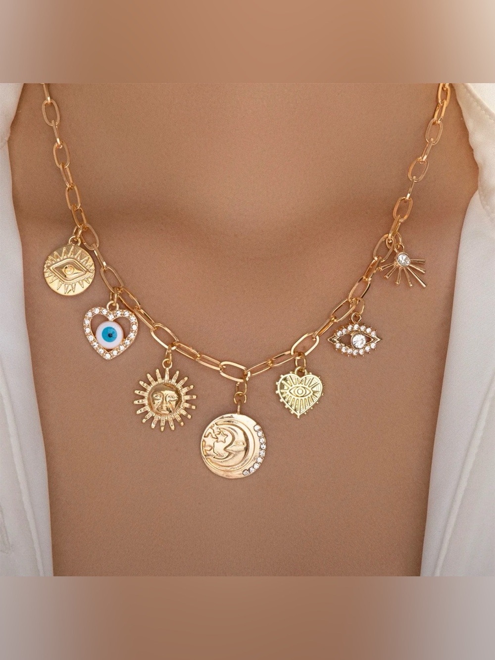 Free People Gold-tone Celestial Charm Necklace with Blue Eye Accent
